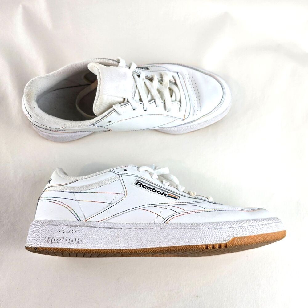 Reebok Club C 85 Shoes Mens 9 White Pride Rainbow Stitching Classic Sneakers